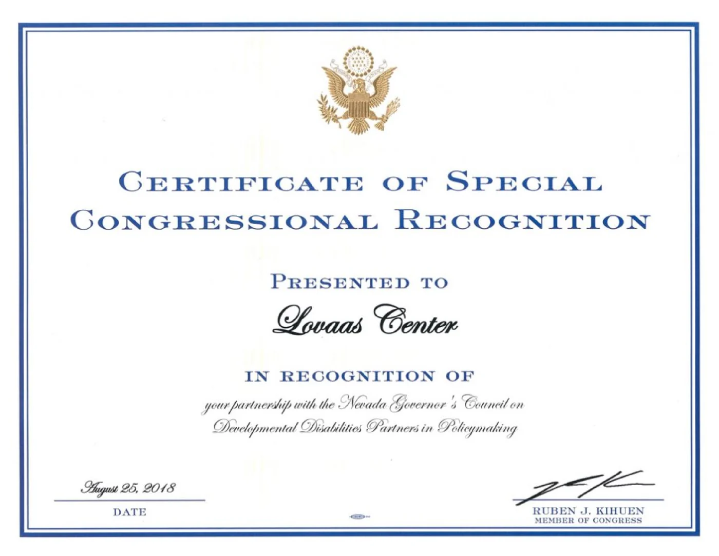 Congressional Recognition Award, Congressman Ruben Kihuen