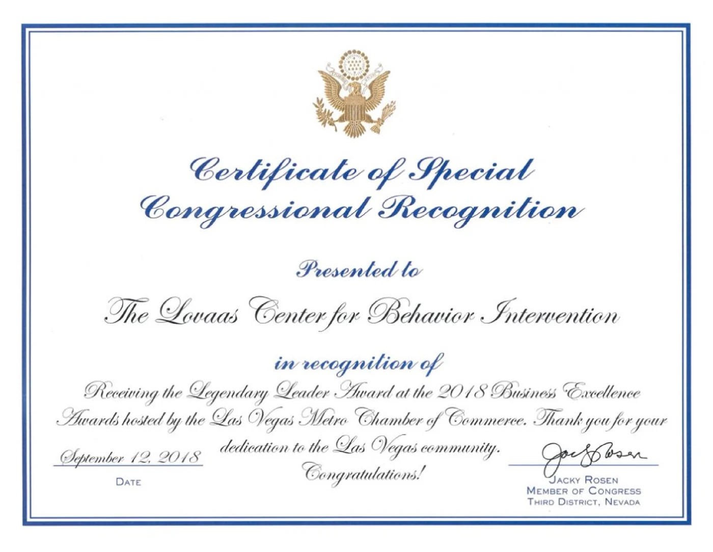 Congressional Recognition Award, Congresswoman Jacky Rosen