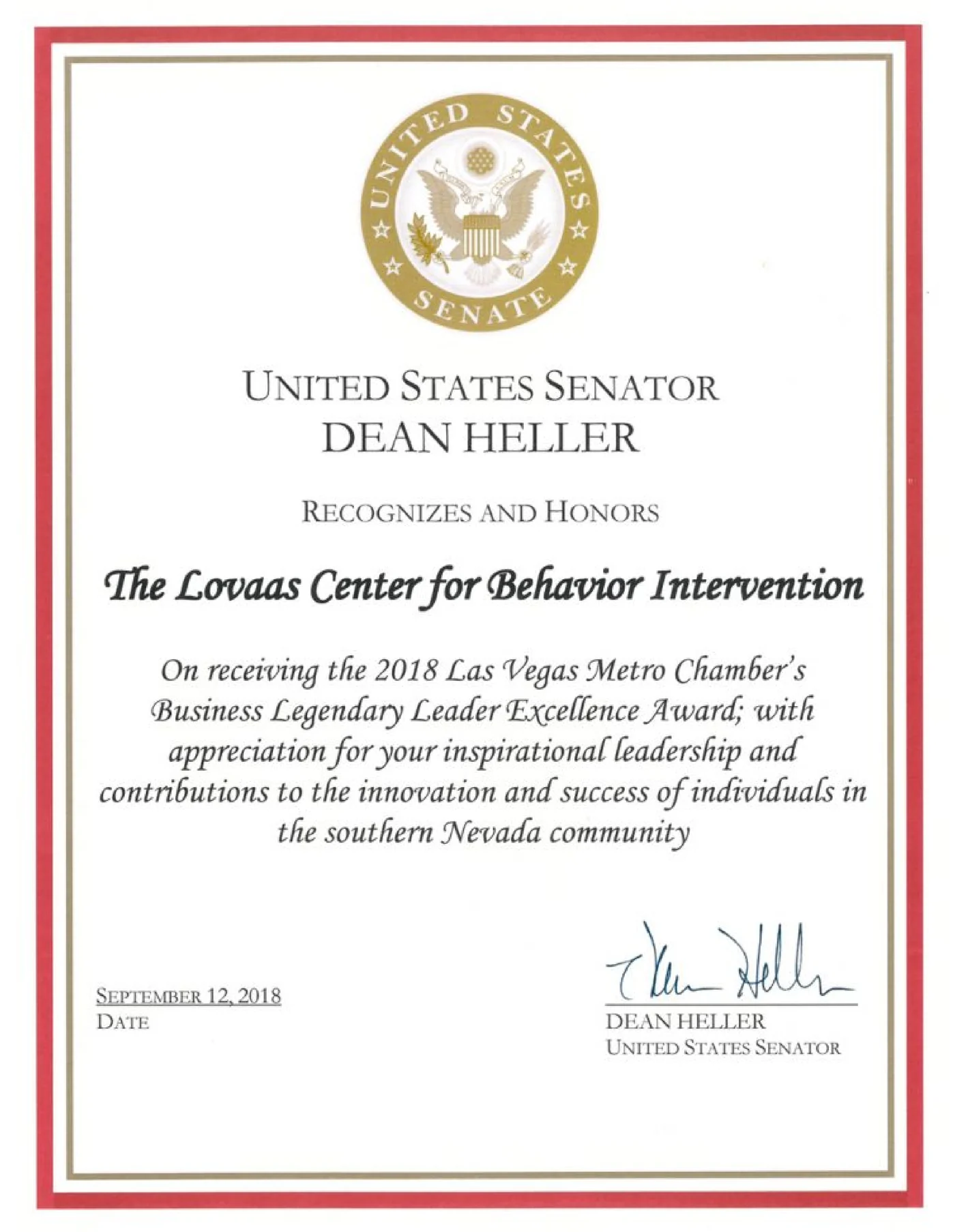 United States Senator Dean Heller – Business Legendary Leader Excellence Award