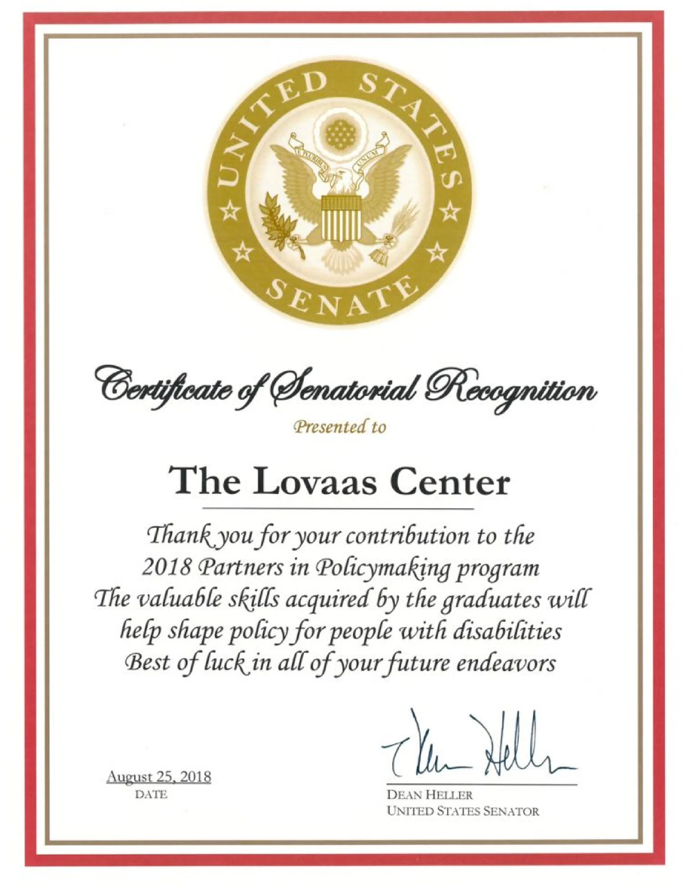 United States Senator Dean Heller – Certificate of Senatorial Recognition