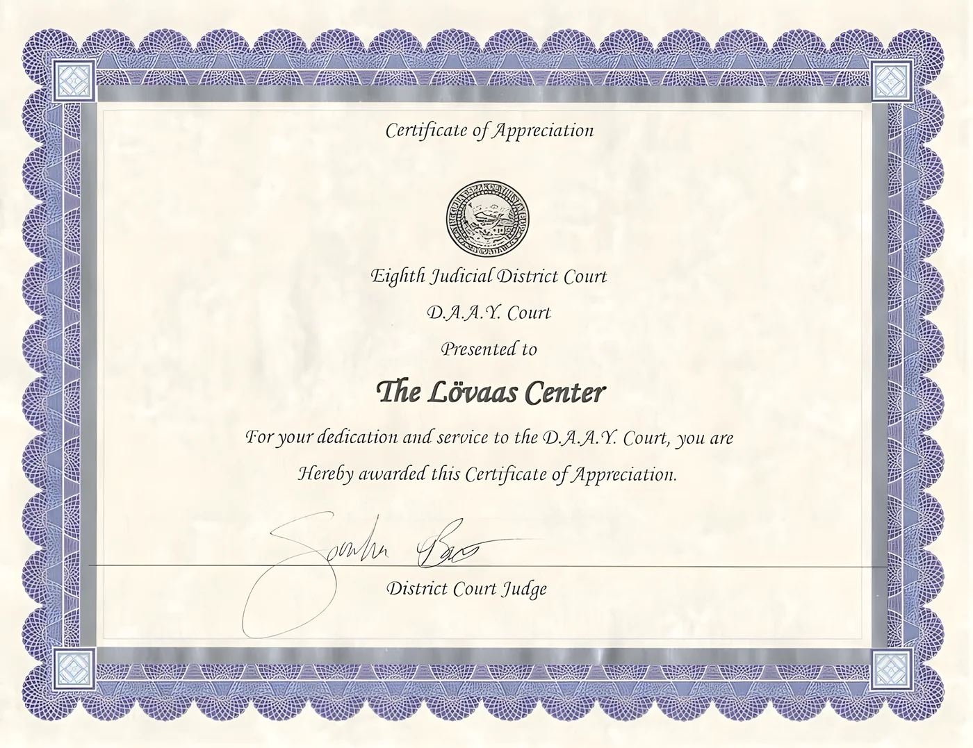 Eighth Judicial District Court, D.A.A.Y. Court – Certificate of Appreciation
